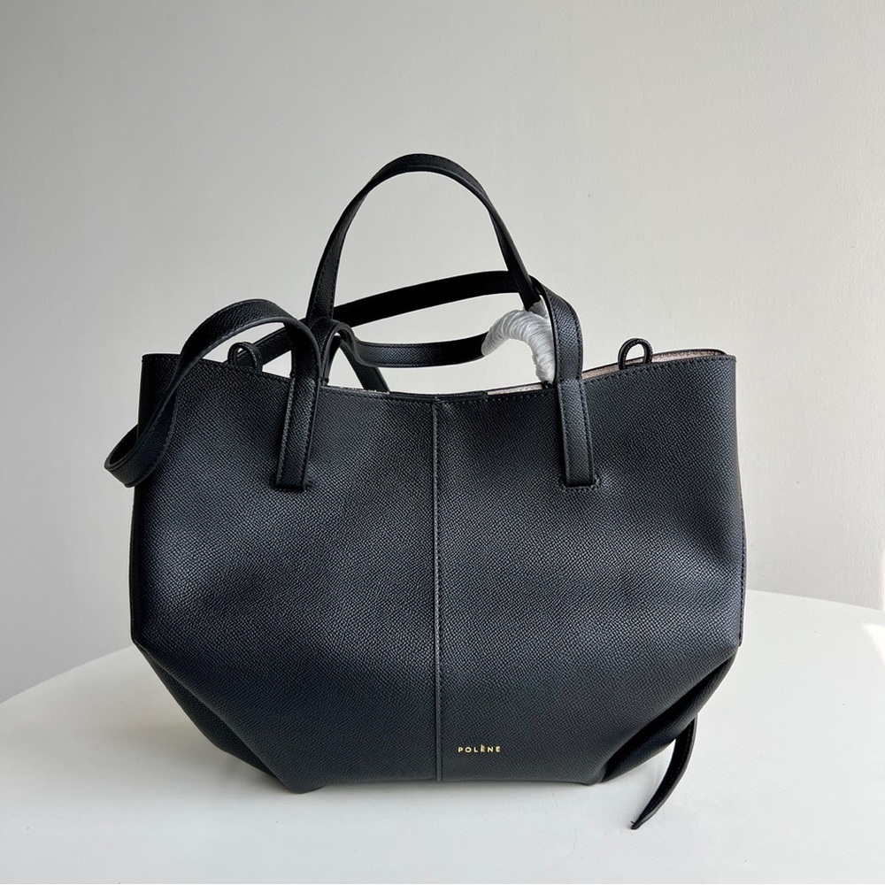 Authentic Polene Cyme Tote Bag inDark Black Textured Leather